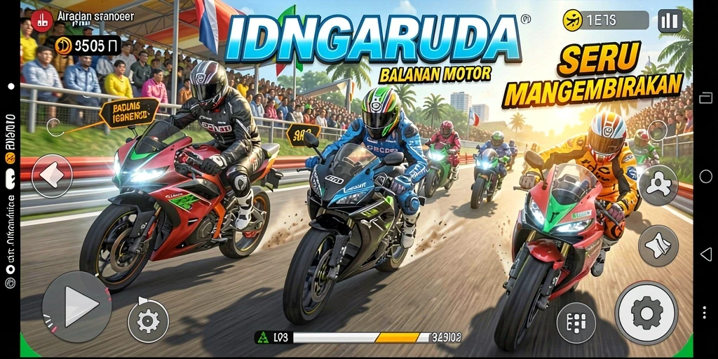 Screenshot gameplay IDNGARUDA yang penuh aksi balapan motor.