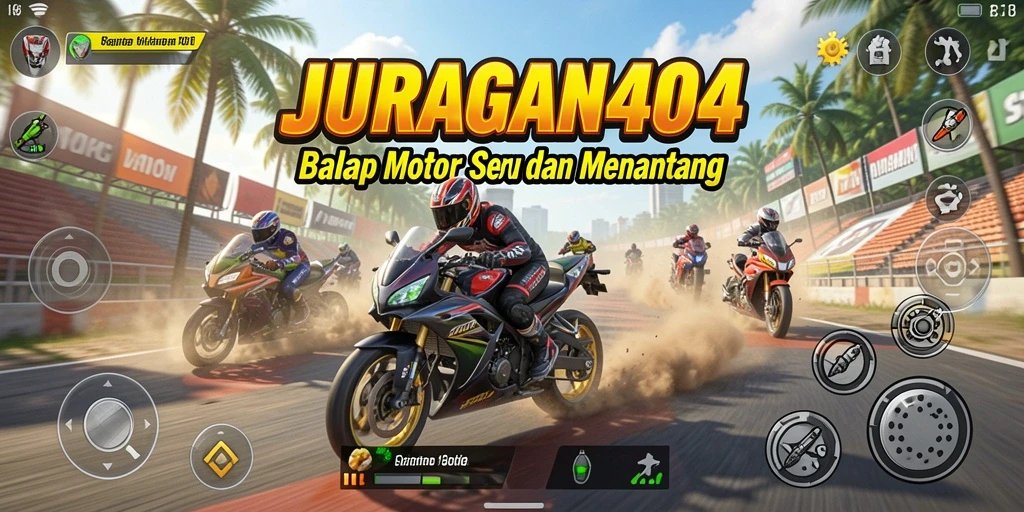 Tangkapan layar gameplay JURAGAN404 yang mendebarkan dengan motor balap.