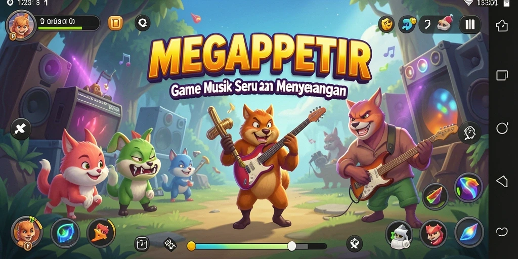 Tampilan gameplay seru di MEGAPETIR dengan irama musik.